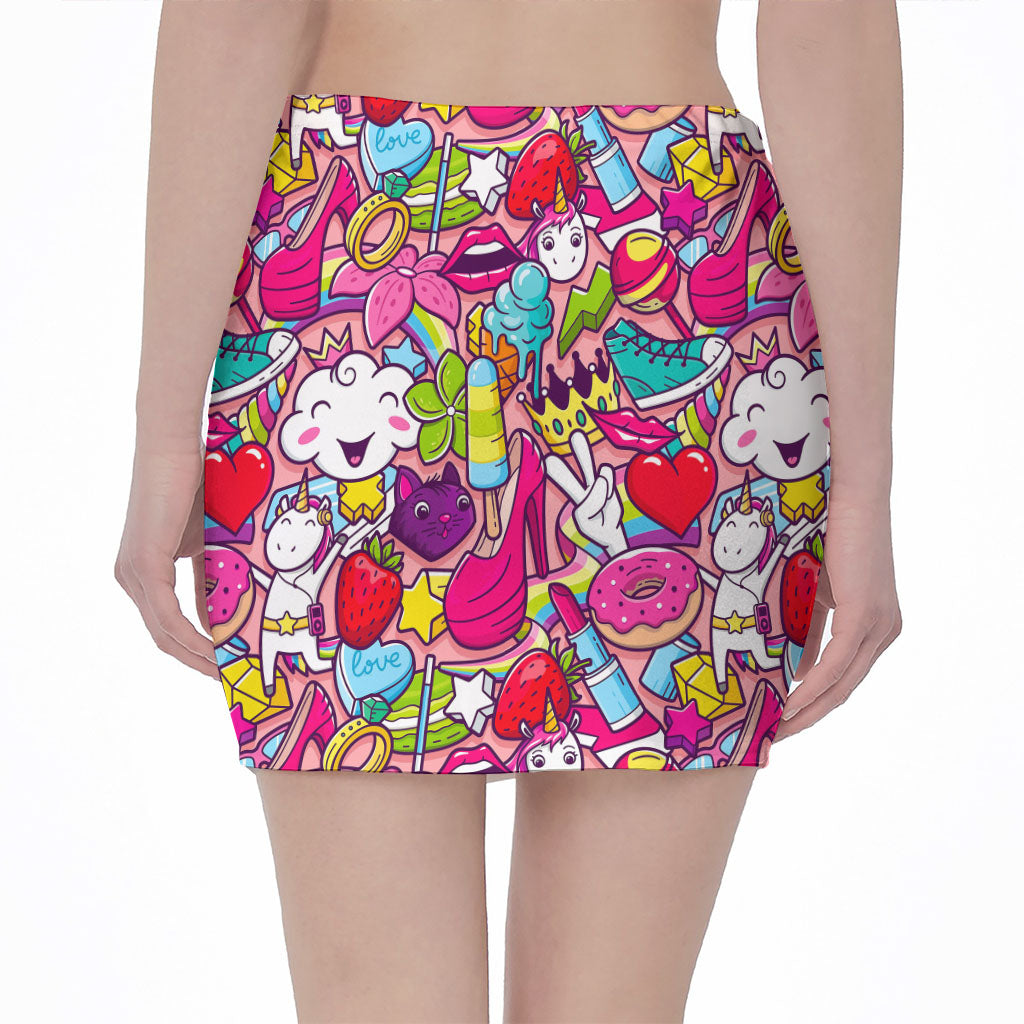 Girly Unicorn Cartoon Pattern Print Pencil Mini Skirt