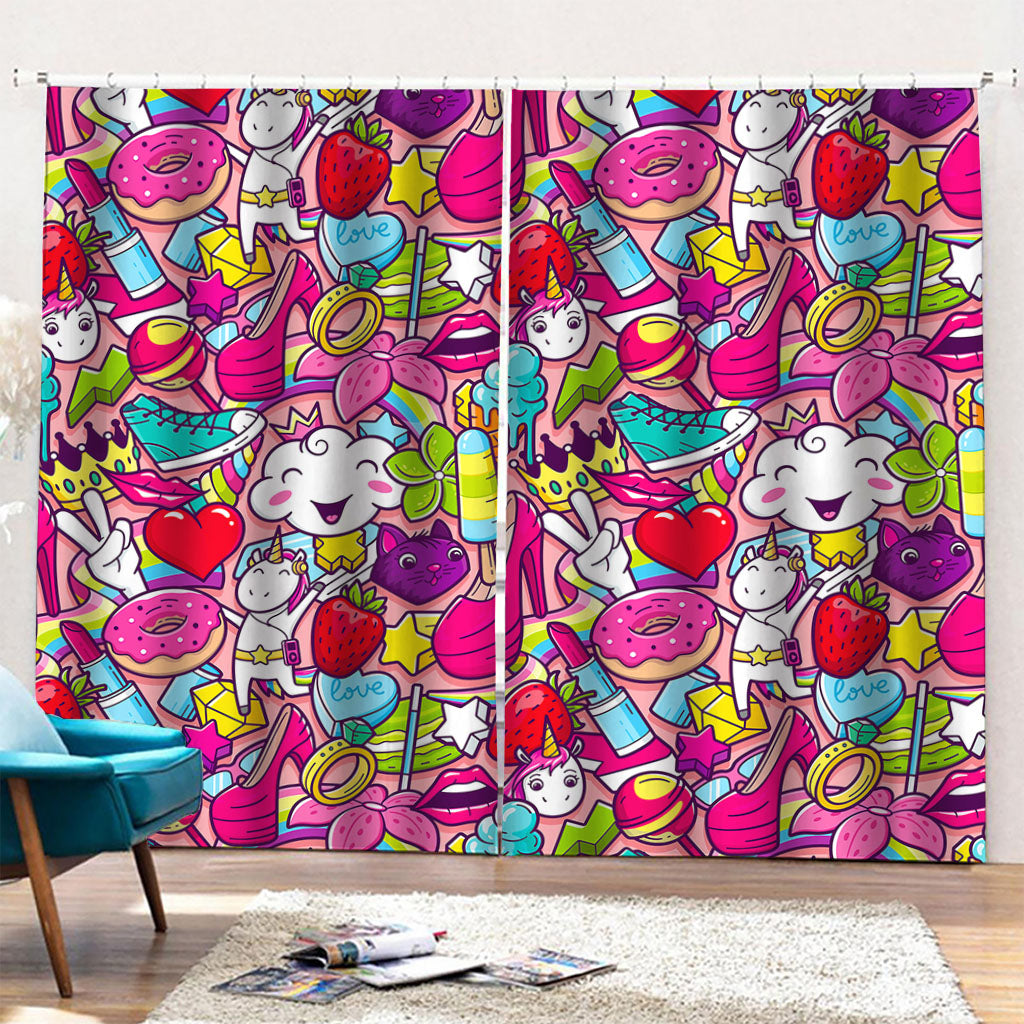 Girly Unicorn Cartoon Pattern Print Pencil Pleat Curtains