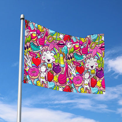 Girly Unicorn Cartoon Pattern Print Polyester Flag