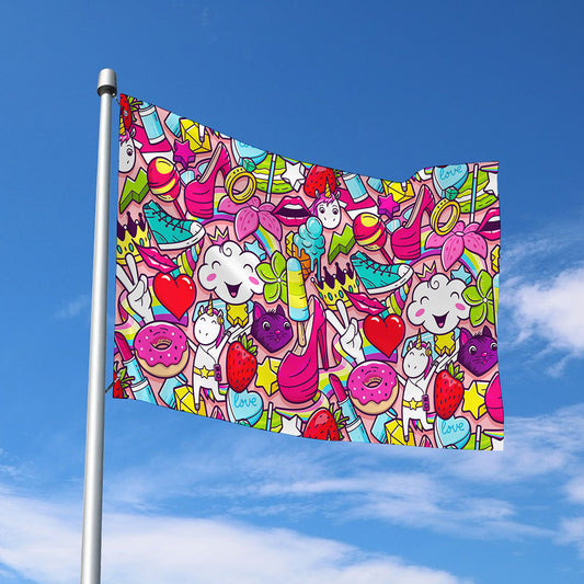 Girly Unicorn Cartoon Pattern Print Polyester Flag