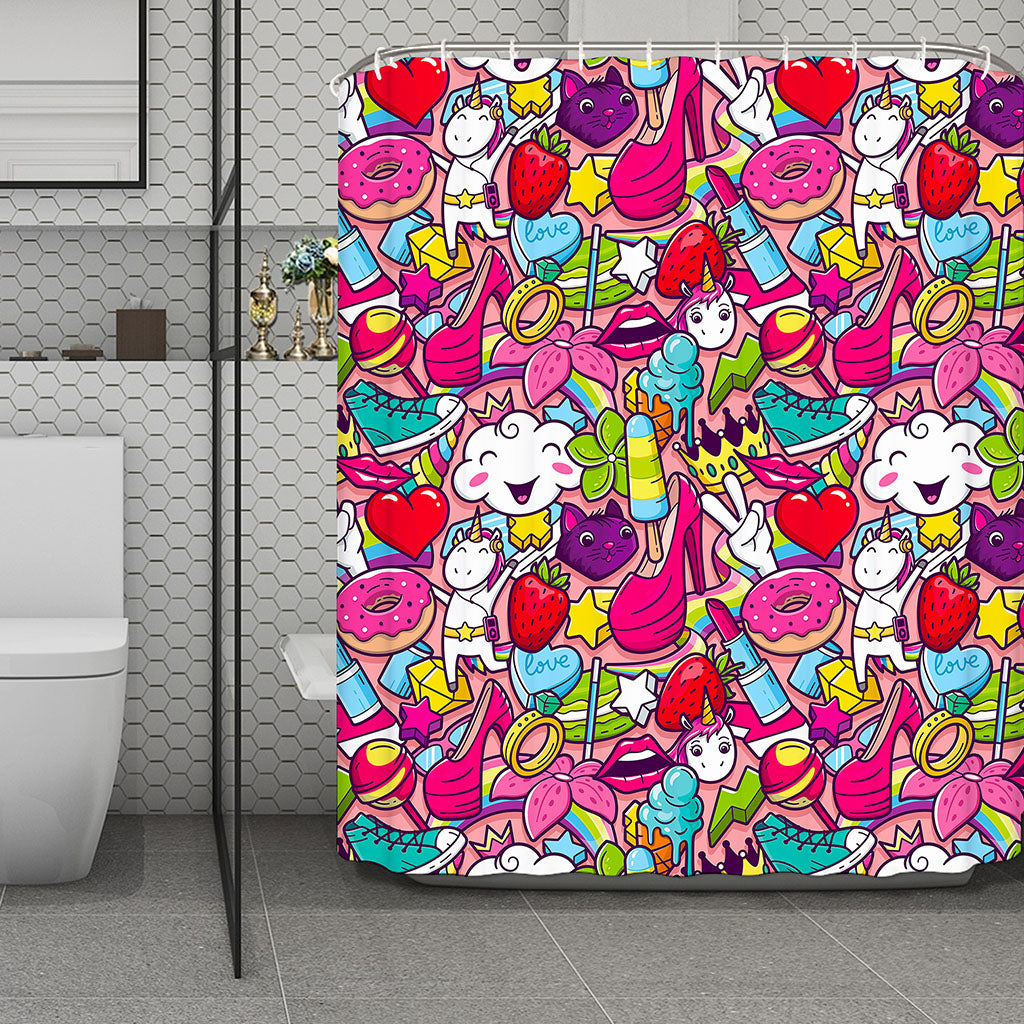 Girly Unicorn Cartoon Pattern Print Polyester Shower Curtain