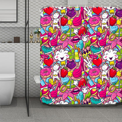 Girly Unicorn Cartoon Pattern Print Polyester Shower Curtain
