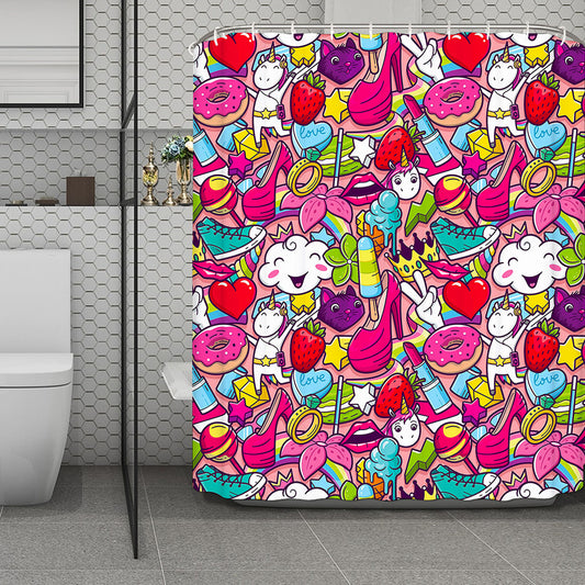 Girly Unicorn Cartoon Pattern Print Polyester Shower Curtain