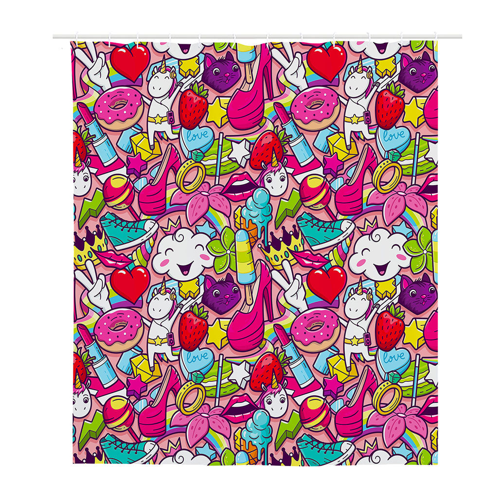 Girly Unicorn Cartoon Pattern Print Polyester Shower Curtain