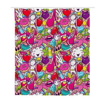 Girly Unicorn Cartoon Pattern Print Polyester Shower Curtain