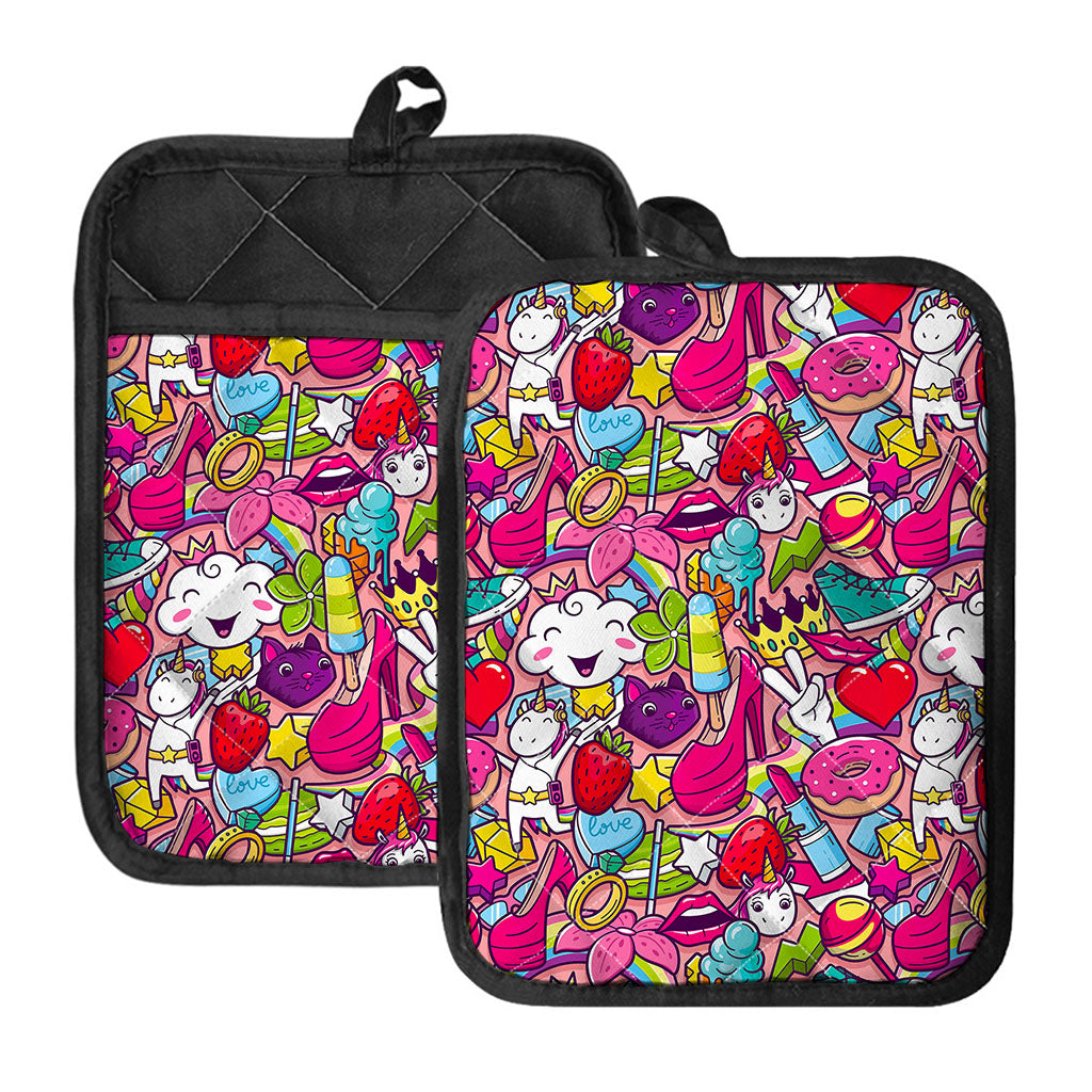 Girly Unicorn Cartoon Pattern Print Pot Holders With Pocket