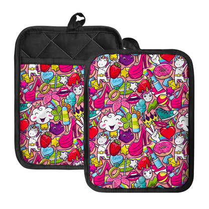 Girly Unicorn Cartoon Pattern Print Pot Holders With Pocket