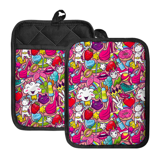 Girly Unicorn Cartoon Pattern Print Pot Holders With Pocket