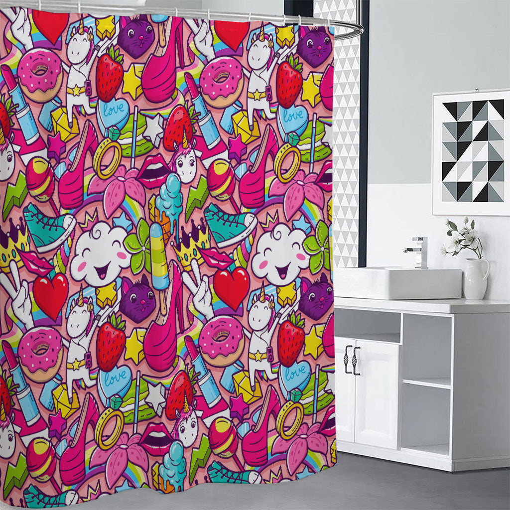 Girly Unicorn Cartoon Pattern Print Premium Shower Curtain