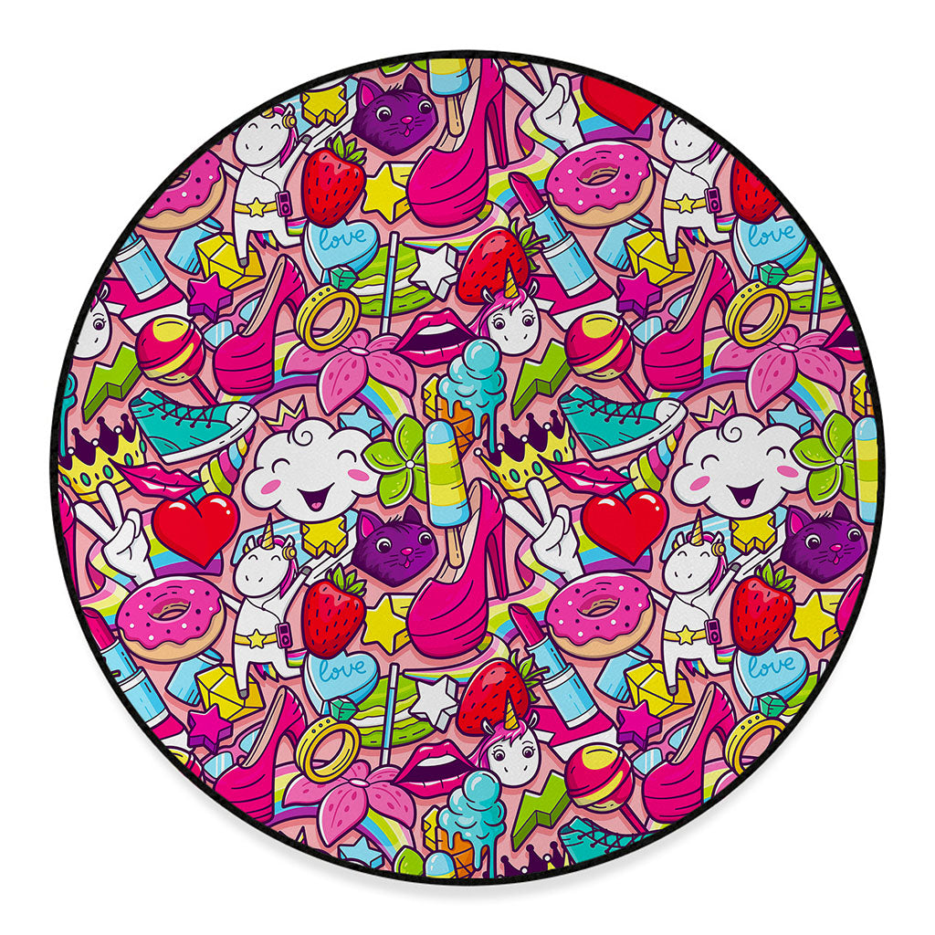 Girly Unicorn Cartoon Pattern Print Round Floor Mat