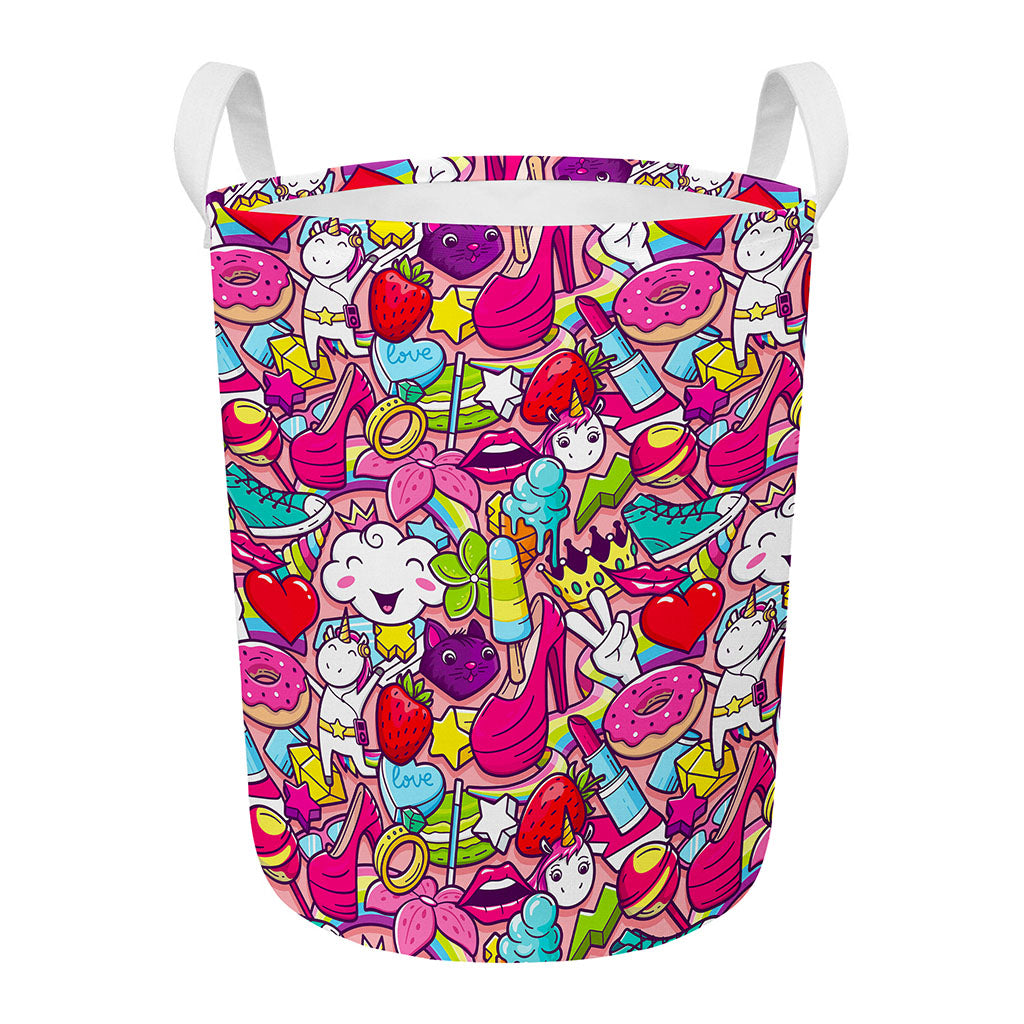 Girly Unicorn Cartoon Pattern Print Round Laundry Basket