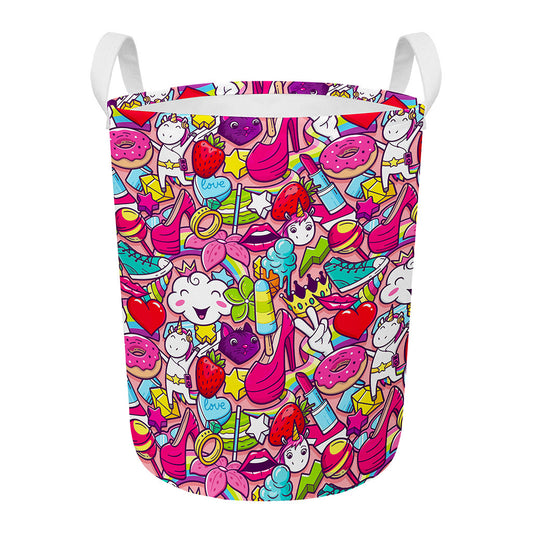 Girly Unicorn Cartoon Pattern Print Round Laundry Basket