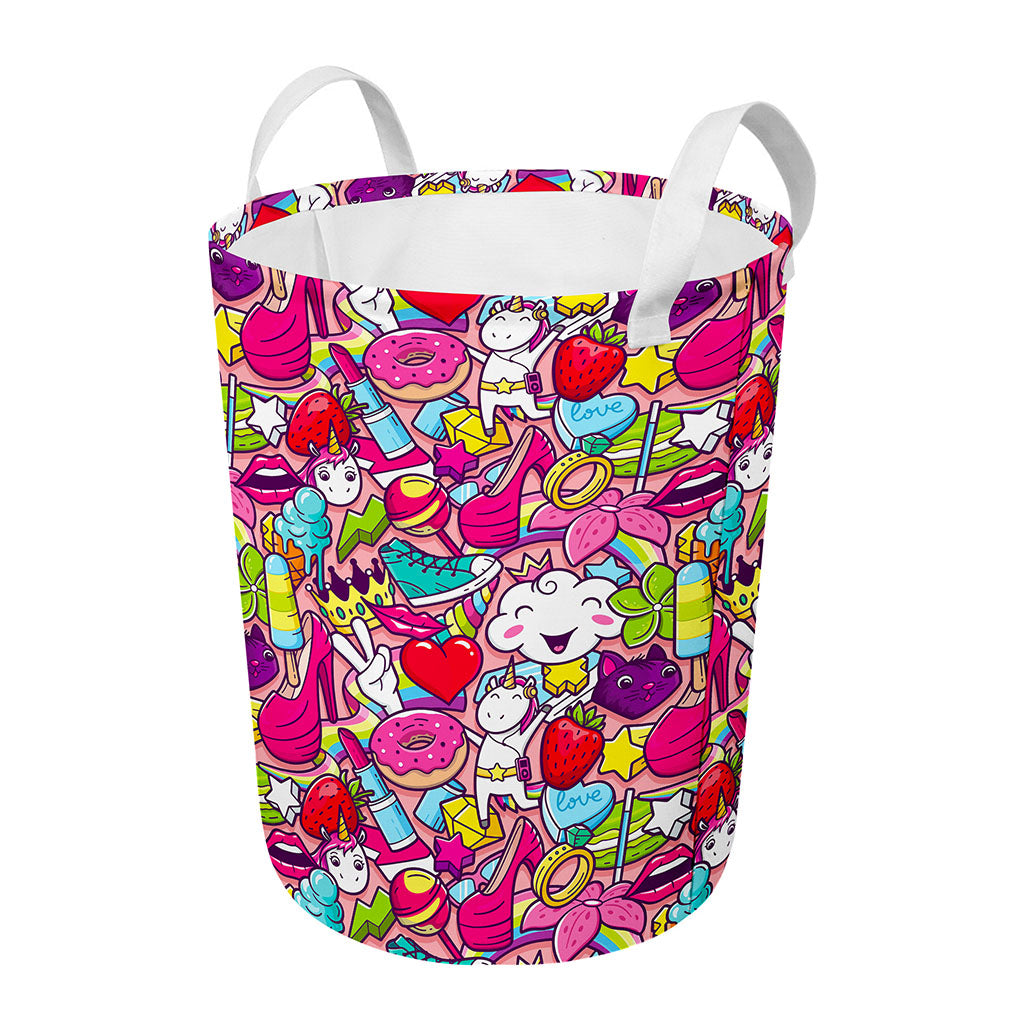 Girly Unicorn Cartoon Pattern Print Round Laundry Basket