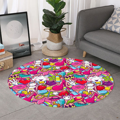 Girly Unicorn Cartoon Pattern Print Round Rug