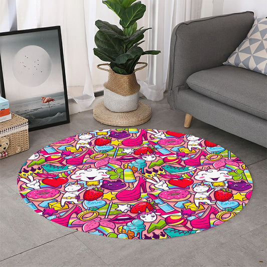 Girly Unicorn Cartoon Pattern Print Round Rug