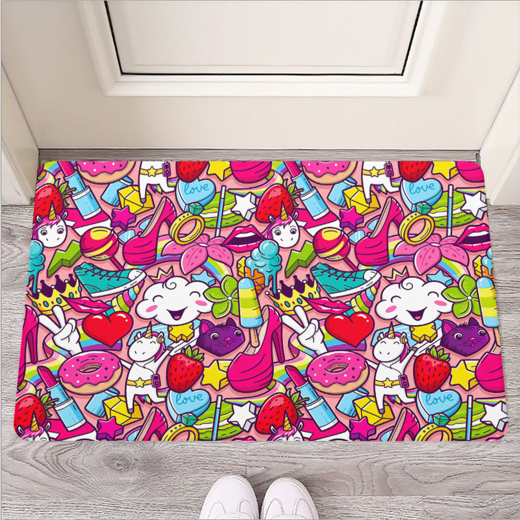 Girly Unicorn Cartoon Pattern Print Rubber Doormat