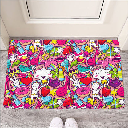 Girly Unicorn Cartoon Pattern Print Rubber Doormat