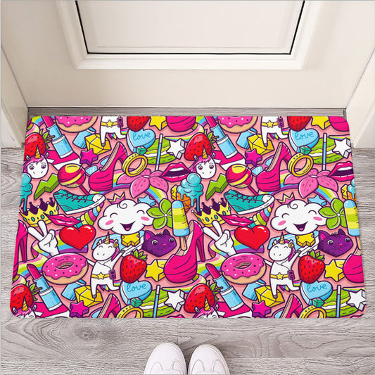 Girly Unicorn Cartoon Pattern Print Rubber Doormat