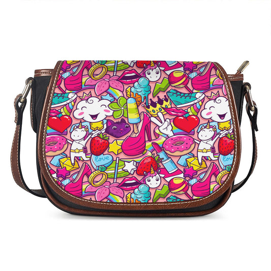 Girly Unicorn Cartoon Pattern Print Saddle Bag
