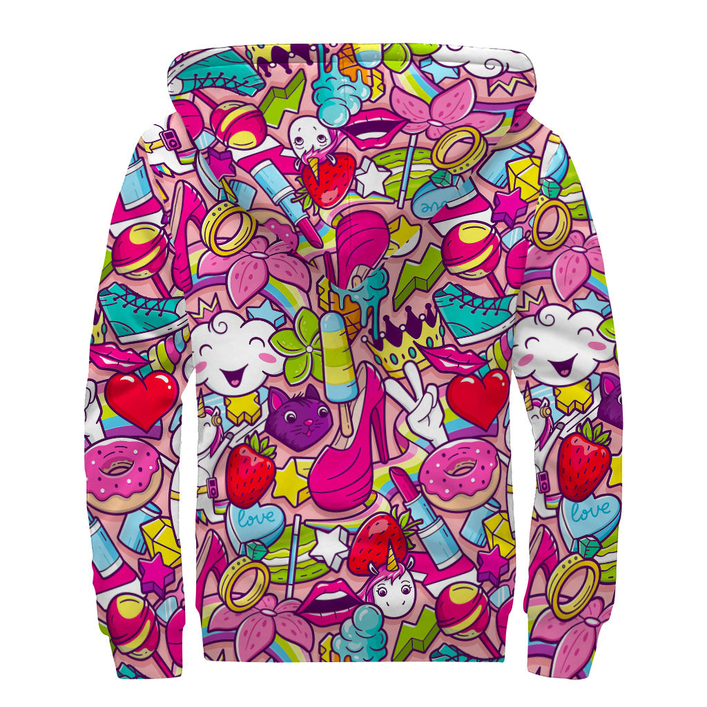 Girly Unicorn Cartoon Pattern Print Sherpa Lined Zip Up Hoodie