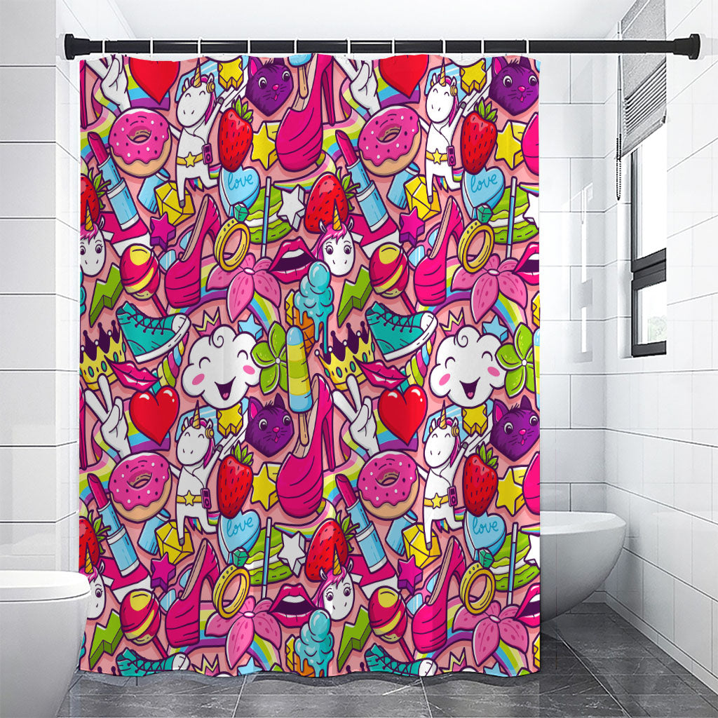 Girly Unicorn Cartoon Pattern Print Shower Curtain