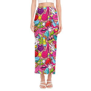 Girly Unicorn Cartoon Pattern Print Side Slit Maxi Skirt