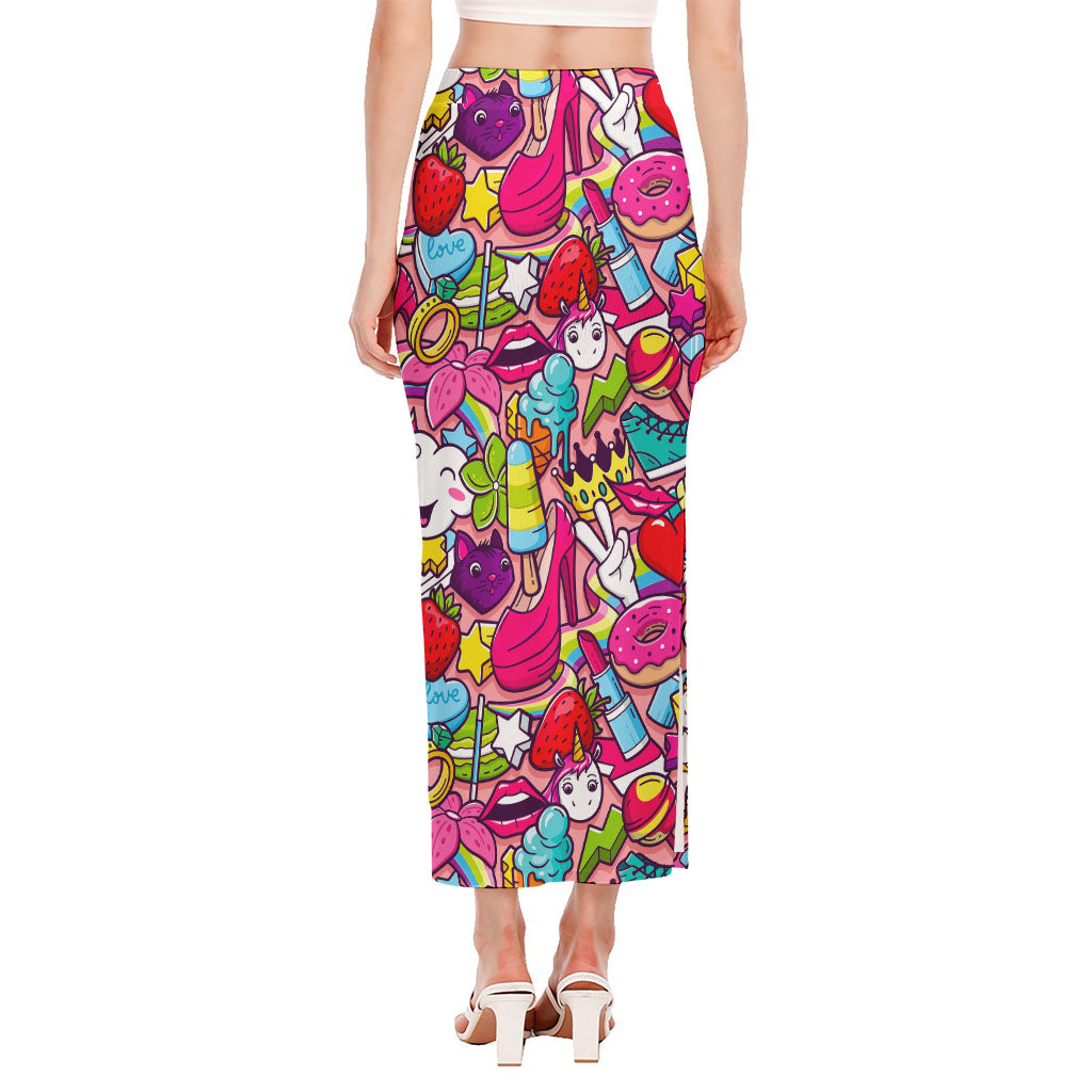 Girly Unicorn Cartoon Pattern Print Side Slit Maxi Skirt