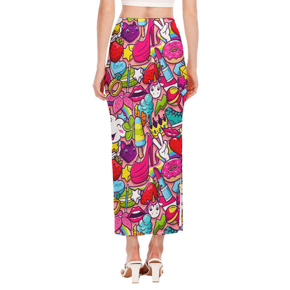 Girly Unicorn Cartoon Pattern Print Side Slit Maxi Skirt