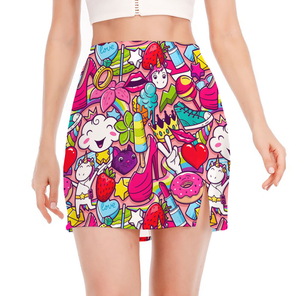 Girly Unicorn Cartoon Pattern Print Side Slit Mini Skirt