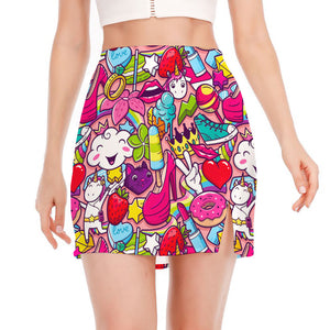 Girly Unicorn Cartoon Pattern Print Side Slit Mini Skirt