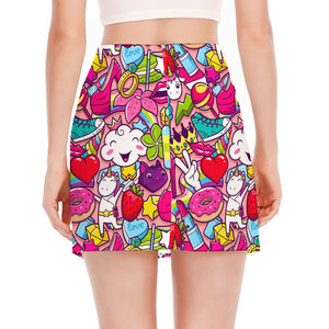 Girly Unicorn Cartoon Pattern Print Side Slit Mini Skirt