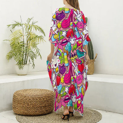 Girly Unicorn Cartoon Pattern Print Silk V-Neck Kaftan Dress