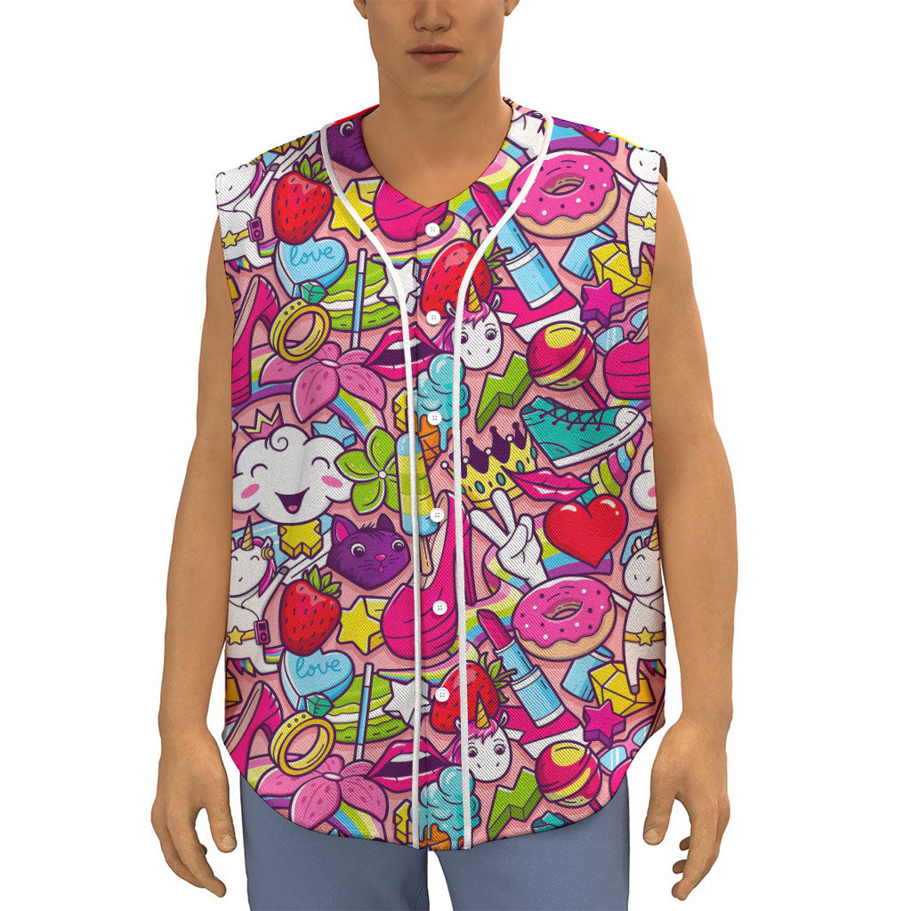 Girly Unicorn Cartoon Pattern Print Sleeveless Baseball Jersey