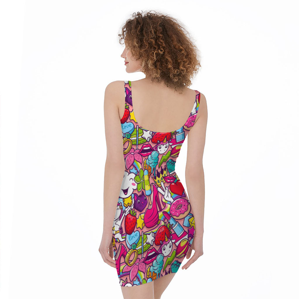 Girly Unicorn Cartoon Pattern Print Sleeveless Bodycon Dress