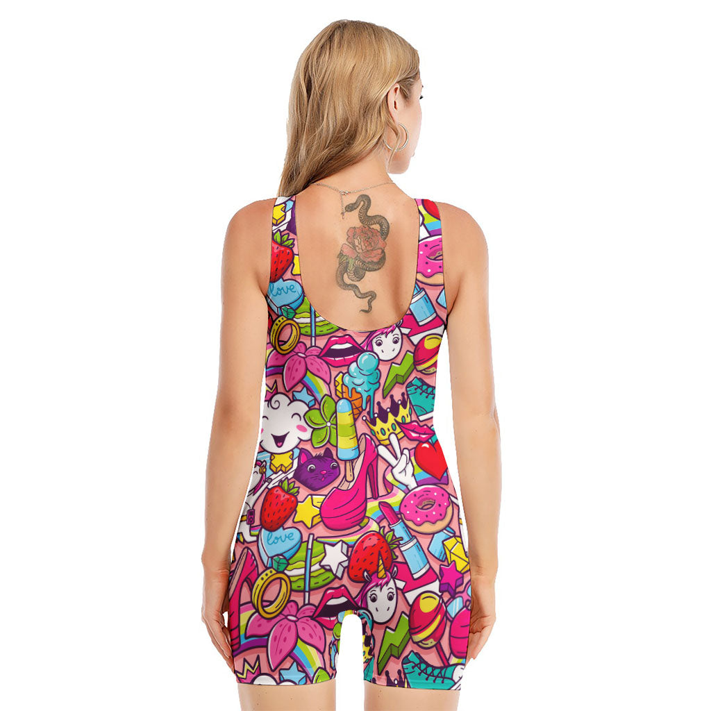 Girly Unicorn Cartoon Pattern Print Sleeveless One Piece Swimsuit