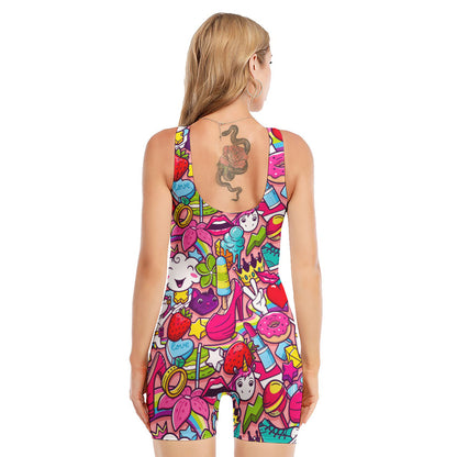 Girly Unicorn Cartoon Pattern Print Sleeveless One Piece Swimsuit