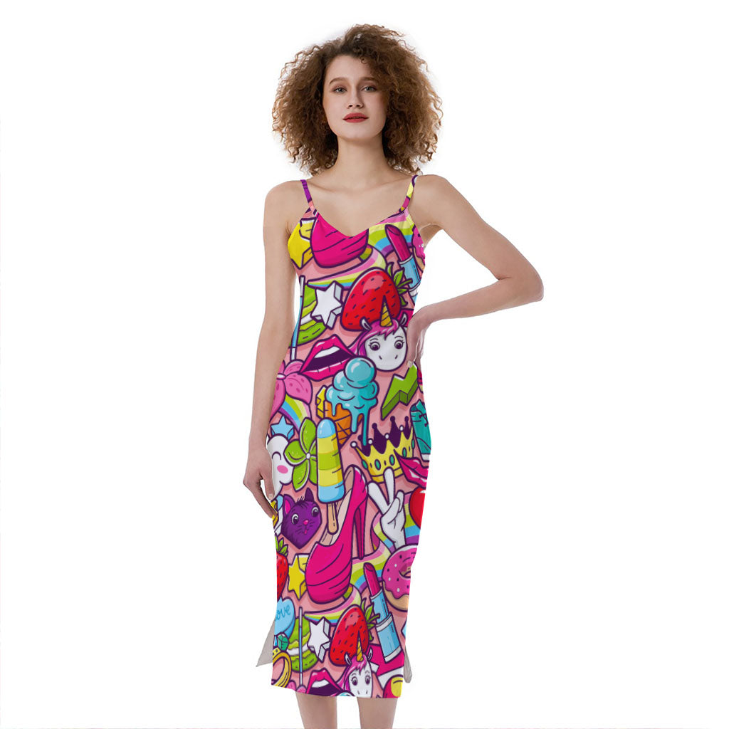 Girly Unicorn Cartoon Pattern Print Slim Fit Midi Cami Dress
