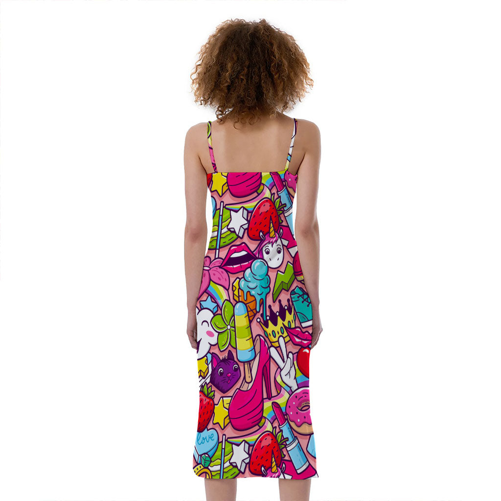 Girly Unicorn Cartoon Pattern Print Slim Fit Midi Cami Dress