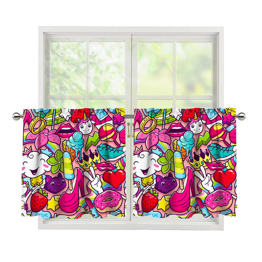 Girly Unicorn Cartoon Pattern Print Tier Curtains
