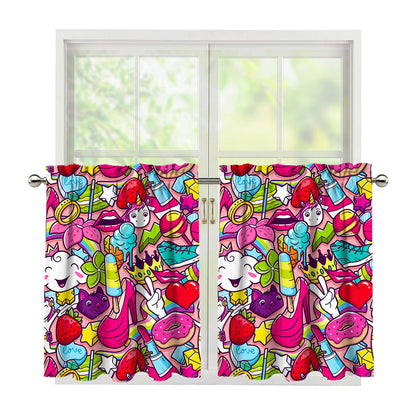 Girly Unicorn Cartoon Pattern Print Tier Curtains
