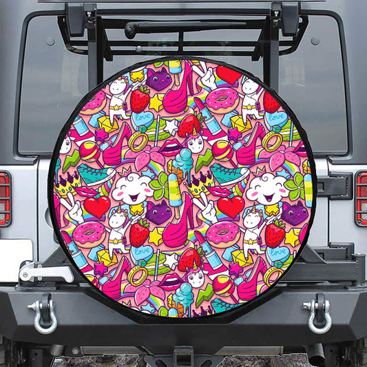 Girly Unicorn Cartoon Pattern Print Tire Cover