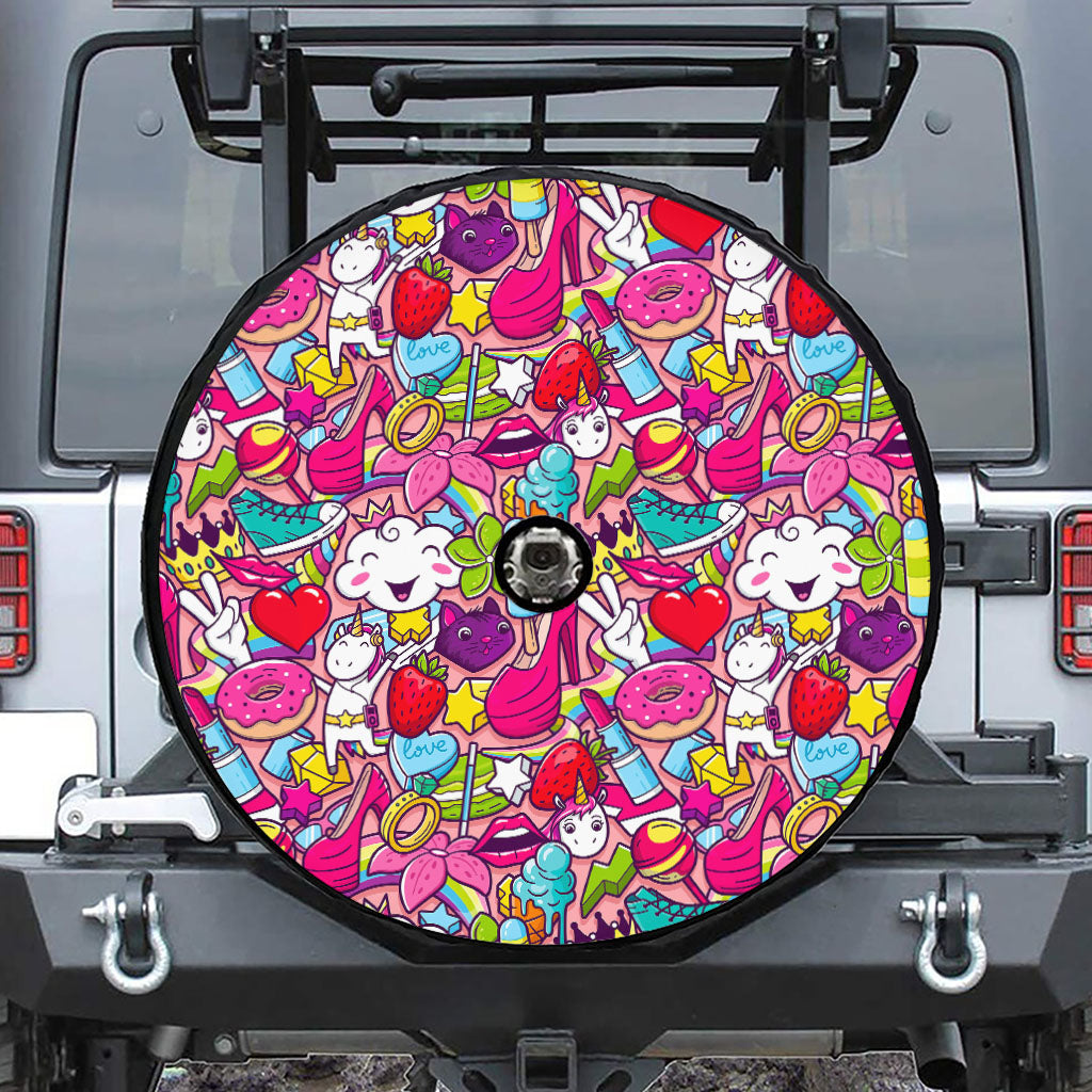 Girly Unicorn Cartoon Pattern Print Tire Cover With Camera Hole