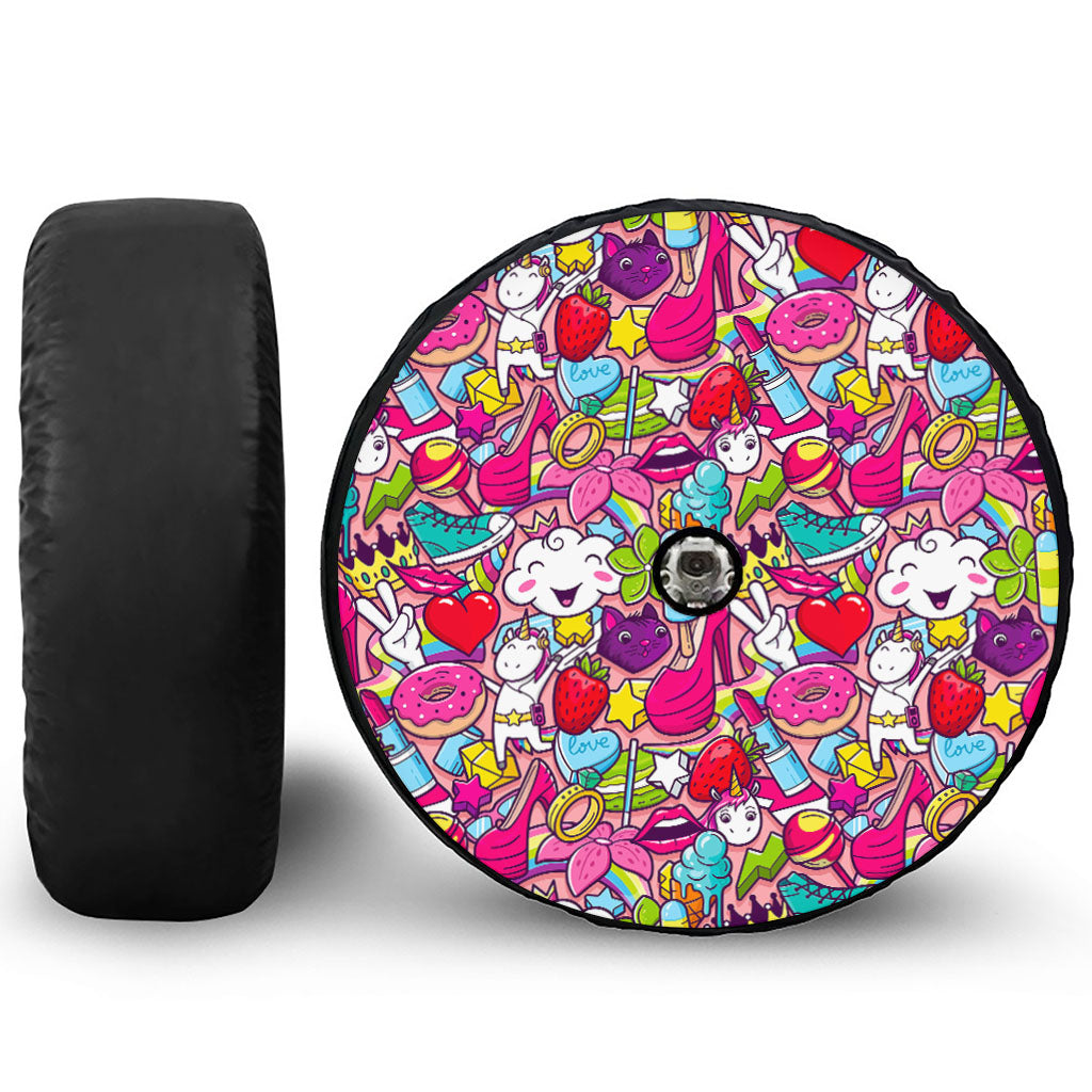 Girly Unicorn Cartoon Pattern Print Tire Cover With Camera Hole