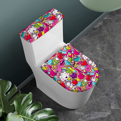 Girly Unicorn Cartoon Pattern Print Toilet Lid And Tank Cover Set