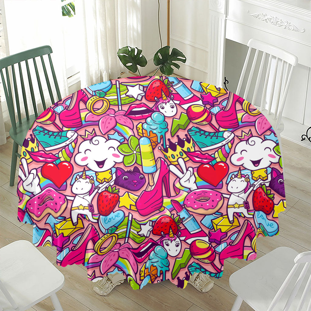 Girly Unicorn Cartoon Pattern Print Waterproof Round Tablecloth