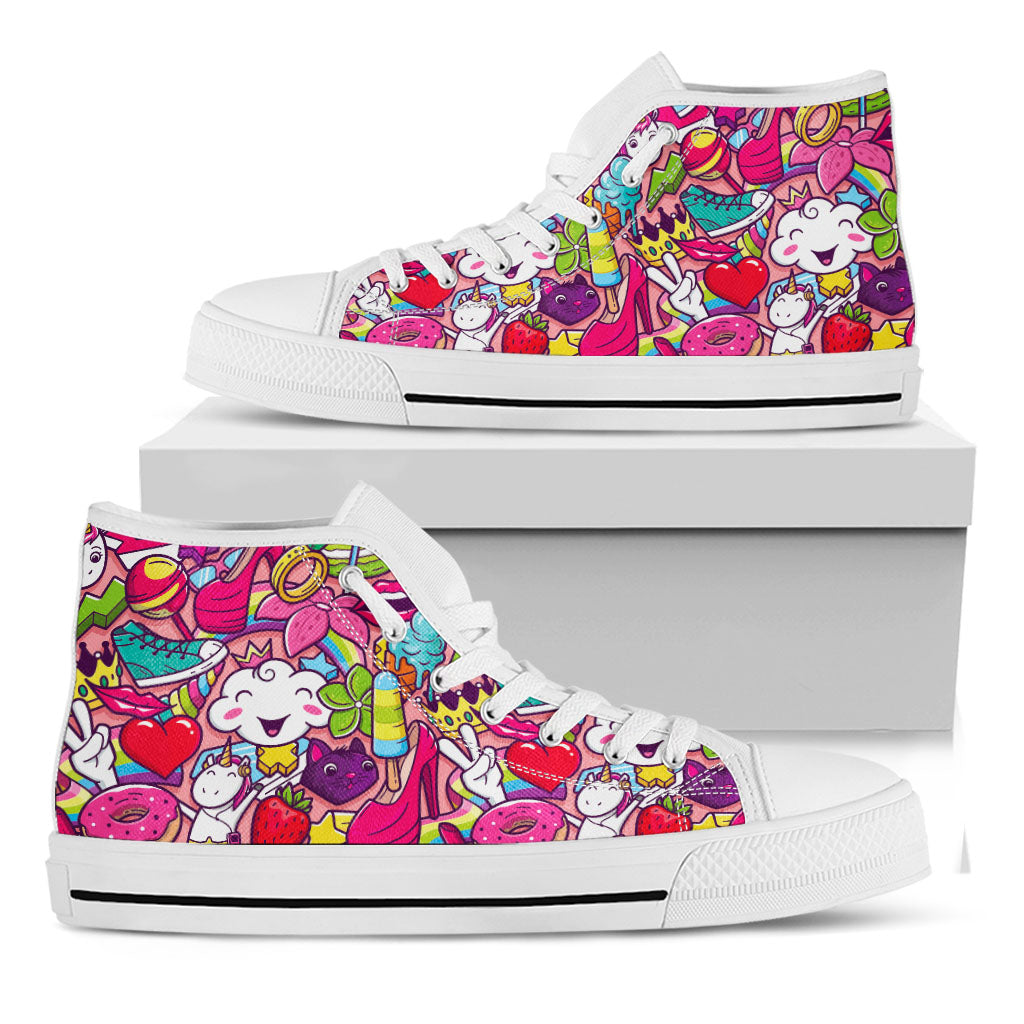 Girly Unicorn Cartoon Pattern Print White High Top Sneakers