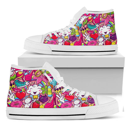 Girly Unicorn Cartoon Pattern Print White High Top Sneakers