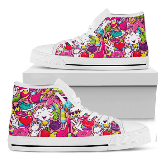 Girly Unicorn Cartoon Pattern Print White High Top Sneakers