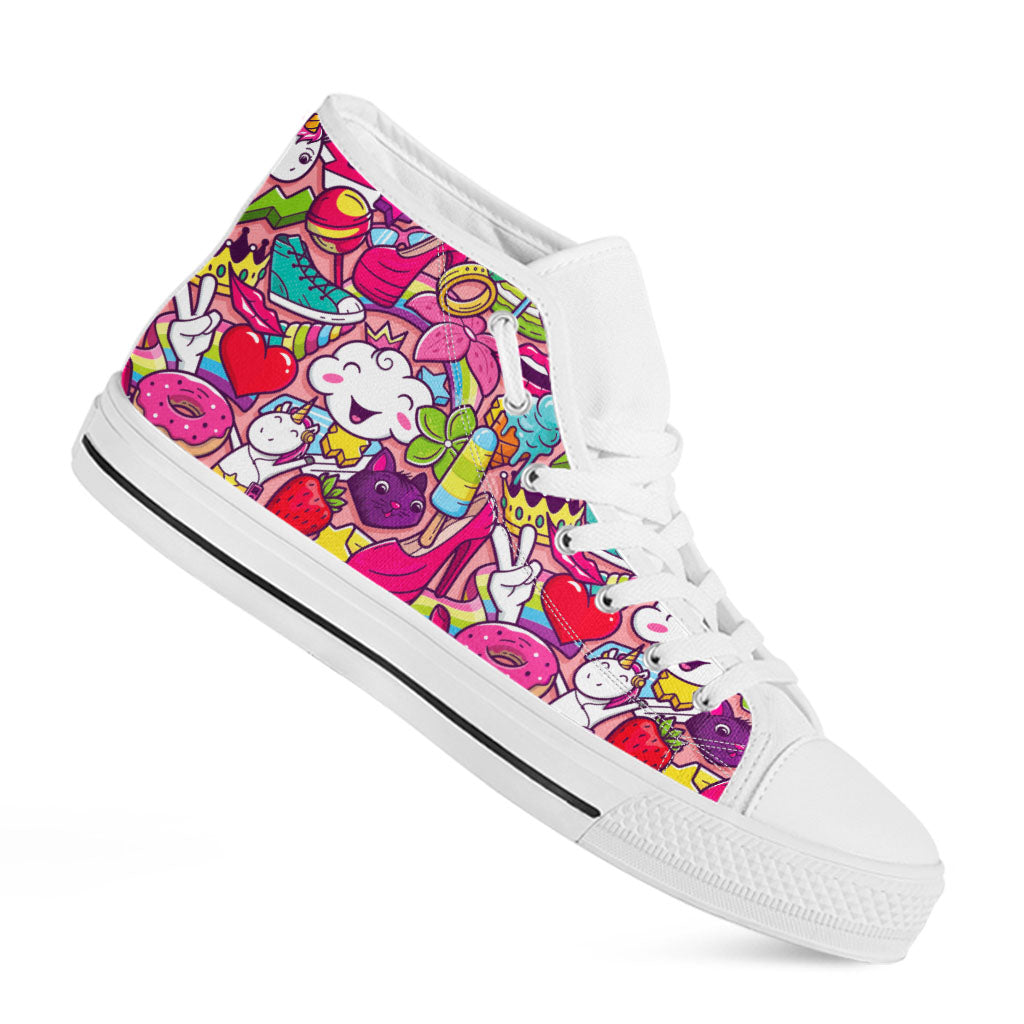 Girly Unicorn Cartoon Pattern Print White High Top Sneakers