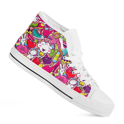 Girly Unicorn Cartoon Pattern Print White High Top Sneakers